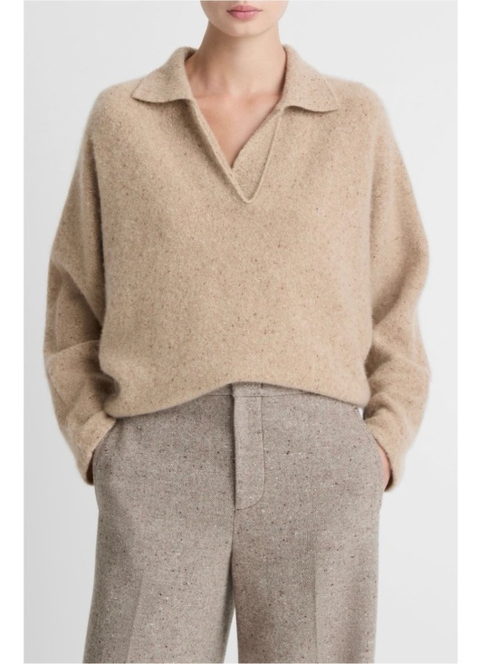 Vince Donegal Cashmere Polo Sweater in Heather Oat Size L